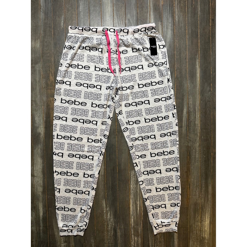 Bebe Womens Logo Print Jogger Sweatpants Gray Pink Drawstring